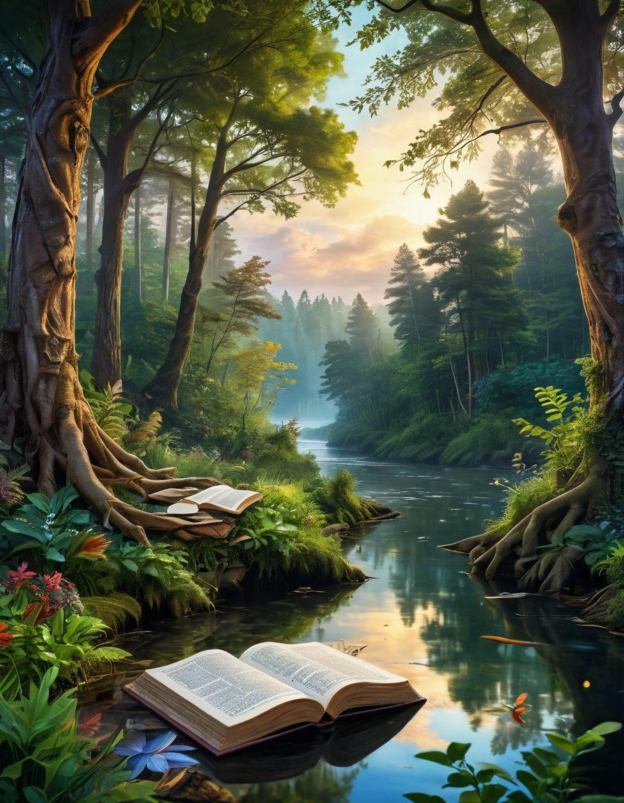 A poetic landscape featuring a lush forest interwoven with vibrant storytelling elements like open books, quills, and swirling ink, creating a harmonious blend of nature and literature. In the background, a gentle river reflects the sky, while majestic wildlife peeks through the trees, inviting viewers into this enchanting scene. fantastical art style. rich colors. dreamlike atmosphere.