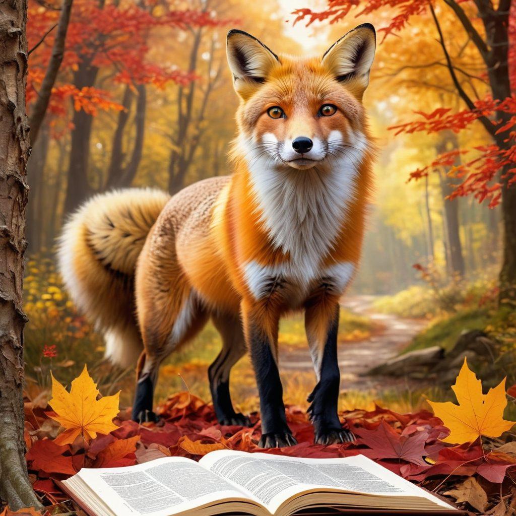 A majestic fox in mid-leap, surrounded by vibrant autumn foliage, with hints of wildlife like deer and birds in the background. The fox's fur is richly detailed, showcasing the splendid reds and browns, as golden sunlight filters through the trees, casting enchanting shadows. In the foreground, an open journal with sketches and notes about wildlife, blending nature and creativity. super-realistic. vibrant colors. nature-inspired.