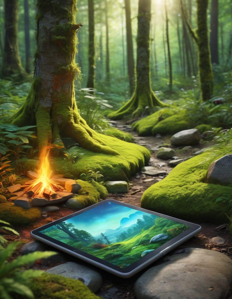 A whimsical illustration of a lush green forest with diverse flora and fauna, featuring a digital tablet resting on a mossy stone, displaying vibrant stories of nature. Include ethereal light beams filtering through the trees, symbolizing creativity and storytelling. A winding path of recycled materials leads through the scene, integrating eco-friendly elements. Envision a cozy campfire scene nearby, with characters sharing their digital stories. vibrant colors. painting.